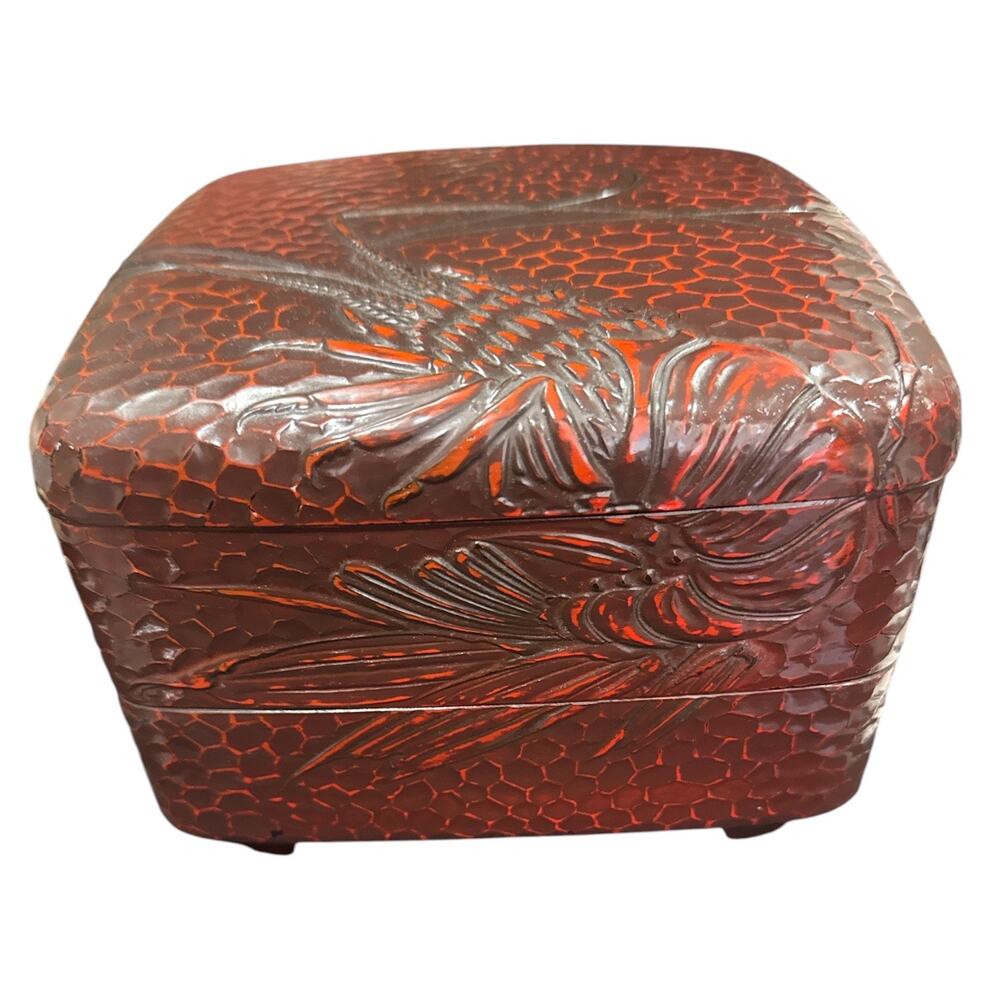 Japanese Replica Kamakuri-bori Red Lacquer Plastic 2 Pc Bento Box